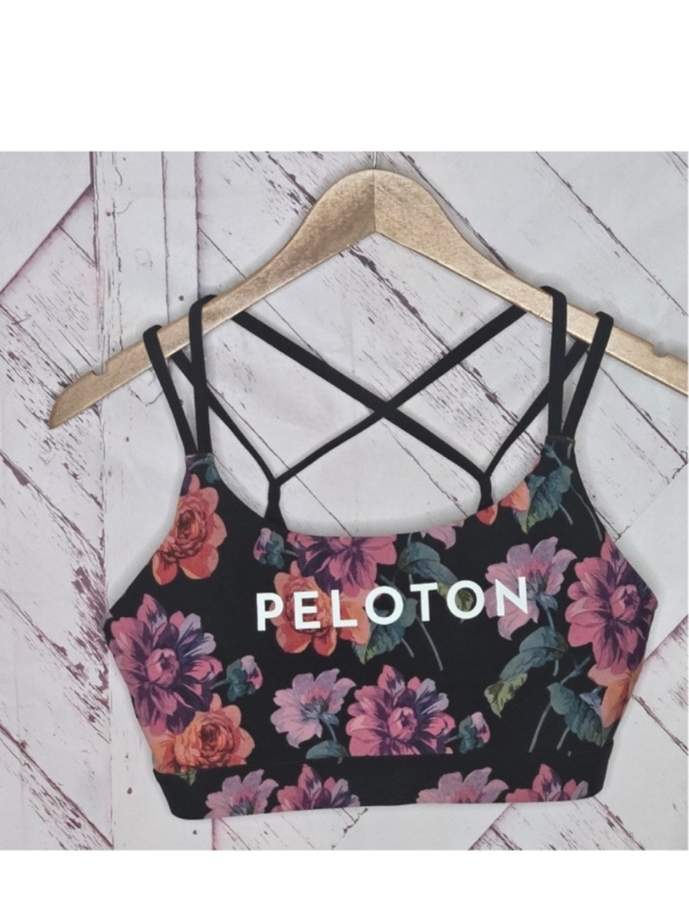 Peloton Black Floral Strappy Sports Bra with Pink & Coral Blooms